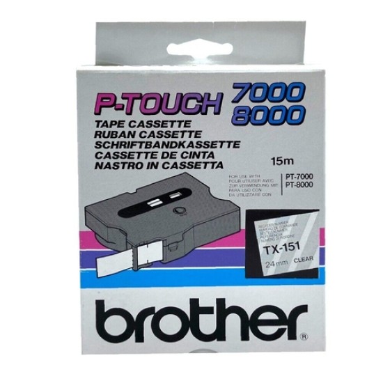 Brother TX-151 Şeffaf Üzerine Siyah Orjinal Şerit - 24mm x 15m Brother TX-151 Şeffaf Üzerine Siyah Orjinal Şerit - 24mm x 15m