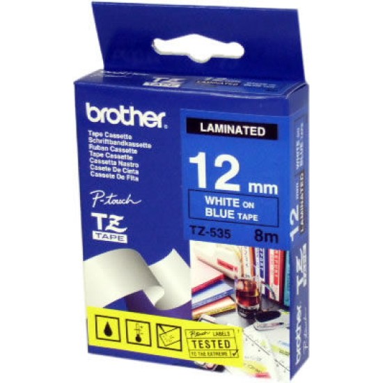 Brother TZ-535 Mavi Üzerine Beyaz Lamine Etiket 12 mm - GL-100 T7338