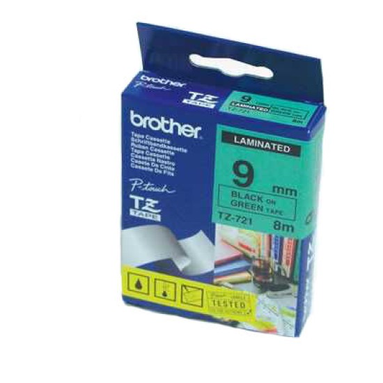 Brother TZ-721 9MM Yeşil Üzerine Siyah Laminasyonlu Etiket T7334 Brother TZ-721 9MM Yeşil Üzerine Siyah Laminasyonlu Etiket T7334
