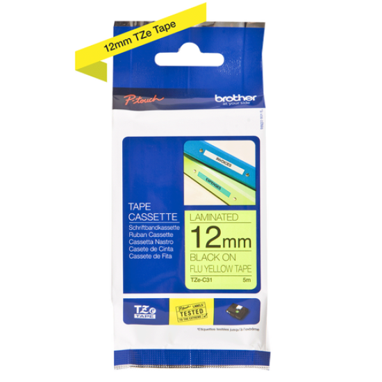 Brother TZe-C31 Flu Sarı Üzerine Siyah Fosforlu Laminasyonlu Etiket 12mm T11516 Brother TZe-C31 Flu Sarı Üzerine Siyah Fosforlu Laminasyonlu Etiket 12mm T11516