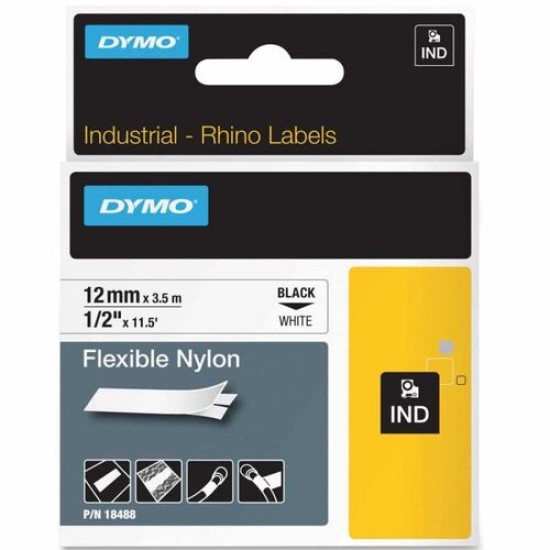 Dymo RhinoPro 18488 Beyaz/Siyah Esnek Naylon Şerit 12 mm x 3,5 m T16352