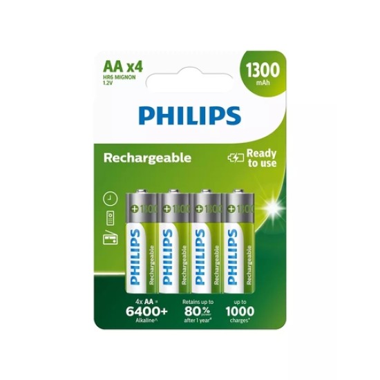 Philips R6B4A130/10 Şarj Edilebilir Pil AA 1300 mAh Philips R6B4A130/10 Şarj Edilebilir Pil AA 1300 mAh