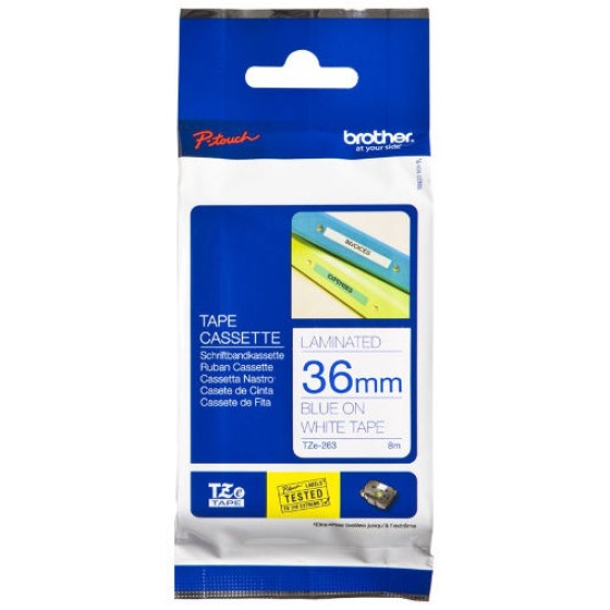 Brother TZe-263 Mavi/Beyaz (36mm) Lamine Etiket Brother TZe-263 Mavi/Beyaz (36mm) Lamine Etiket