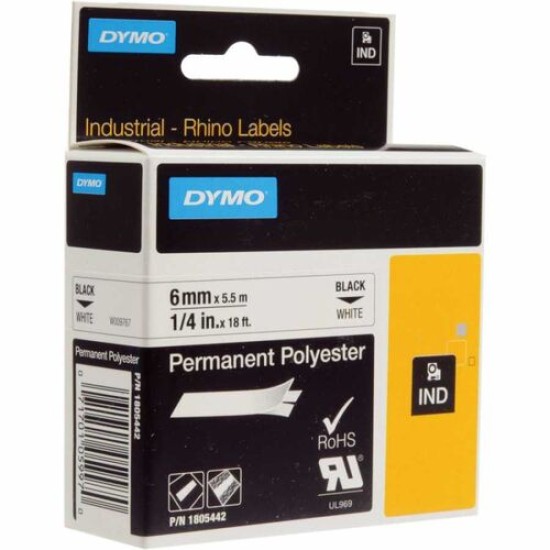 Dymo Rhino Pro 1805442 Beyaz Siyah Sabit Polyester Şerit 6mm x 5,5m (T16340)